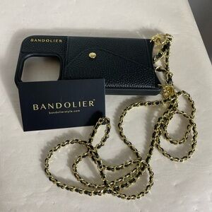 Bandolier crossbody phone case in black pebble leather with gold-tone hardware